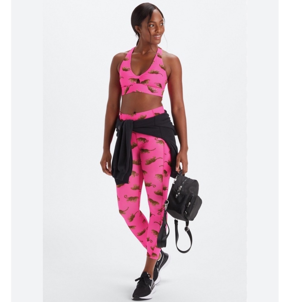 Fabletics Oasis Twist Leopard Print Sports Bra and Leggings Set Womens Medium